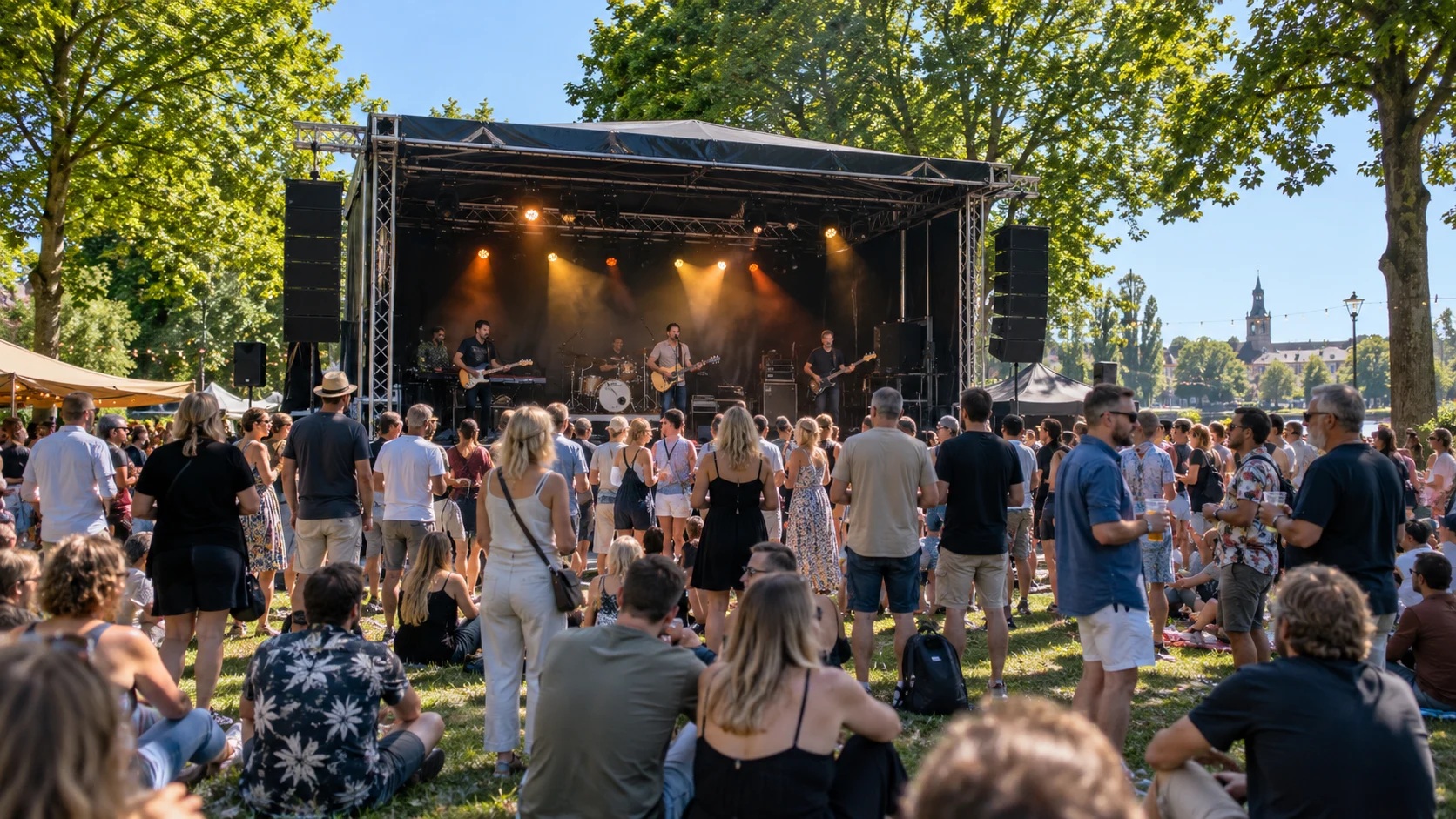 Zonnig buitenevenement met live muziek en publiek op een grasveld
