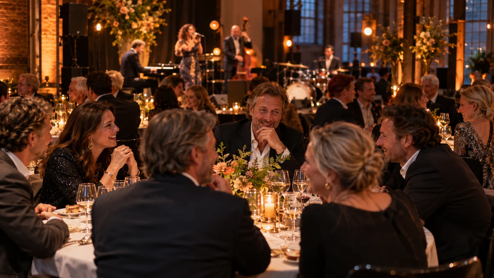 Gasten aan tafel tijdens een stijlvol diner met live muziek