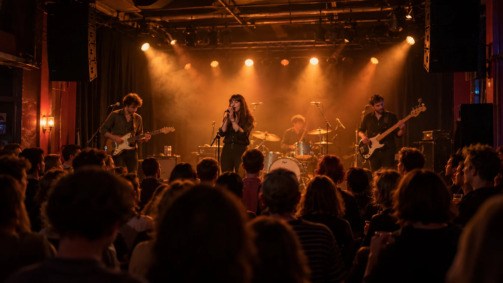 Liveband en publiek in een sfeervol poppodium