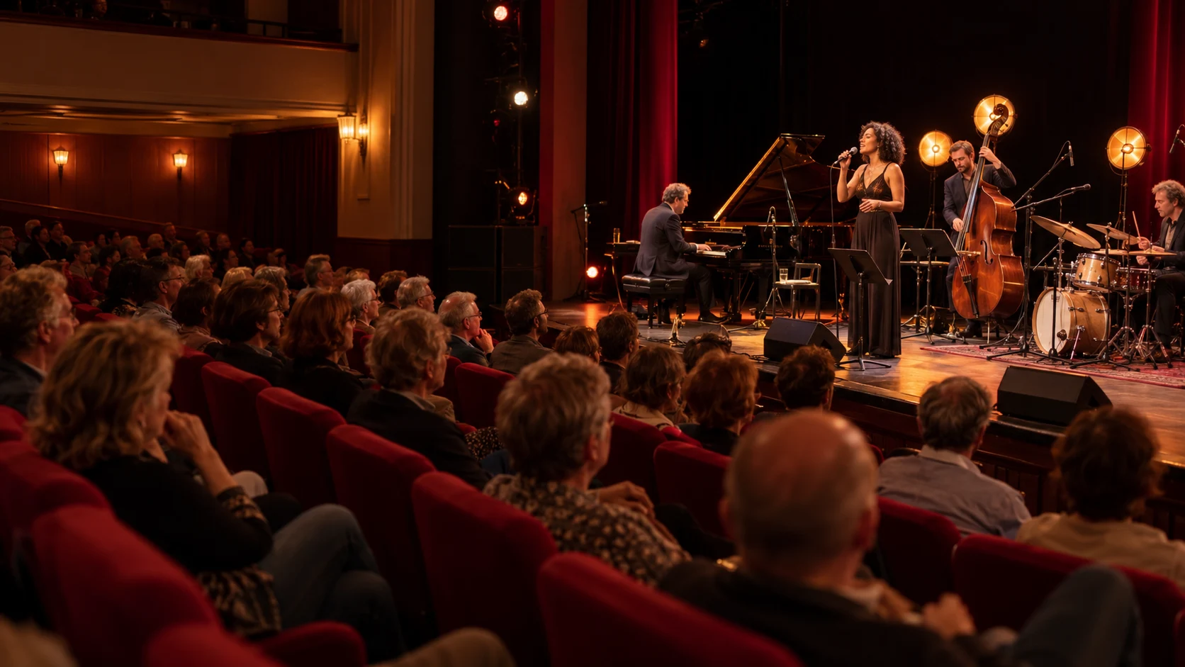 Publiek in een theaterzaal met rode stoelen en een jazzensemble op het podium