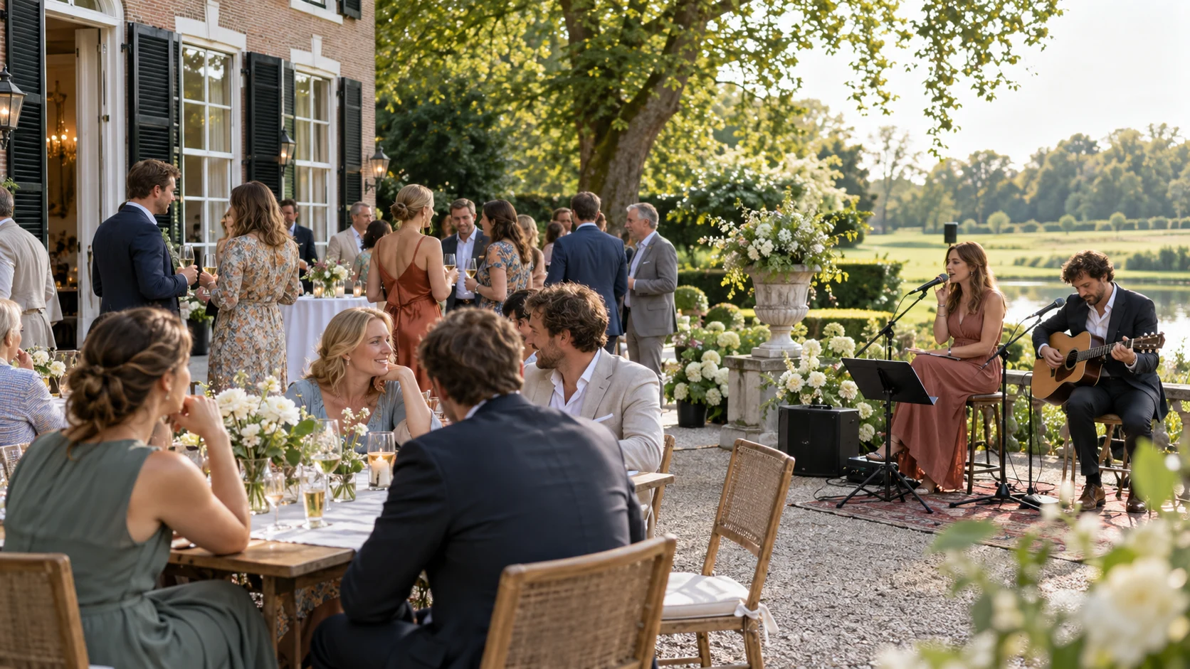Een tuinbruiloft met gasten op een terras en een akoestisch live-duo
